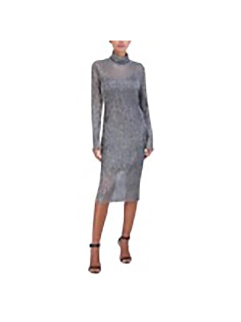 BCBG Womens Fitted Bodycon Midi Dress Long Sleeve Mock Neck Pleated Glitter Mesh